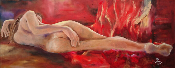Painting titled "Nude in red" by Susana Zarate, Original Artwork, Oil
