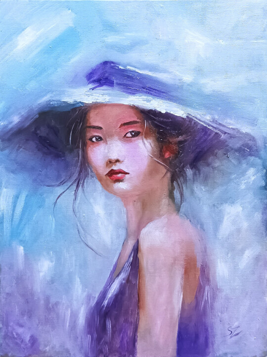 Painting titled "Bora, girl with hat" by Susana Zarate, Original Artwork, Oil Mounted on Wood Panel
