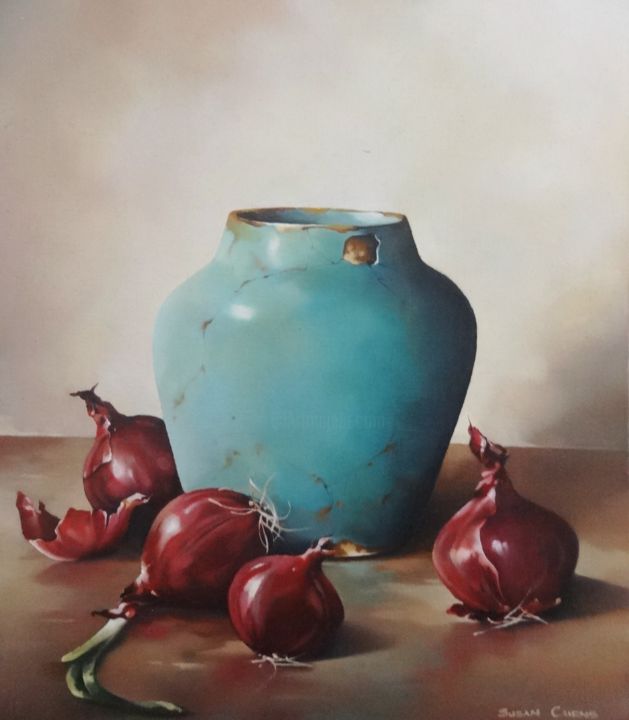 Painting titled "Onion Pot" by Susan Cairns, Original Artwork, Oil