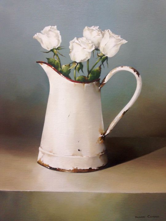 Painting titled "White Roses" by Susan Cairns, Original Artwork, Oil