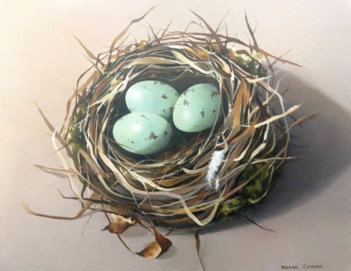 Painting titled "Duck Egg Nest" by Susan Cairns, Original Artwork, Oil