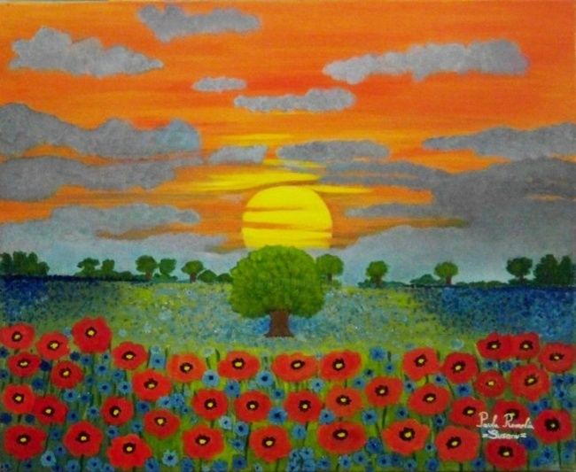 Painting titled "Sunset over Poppies" by Paula Romelia Susanu, Original Artwork