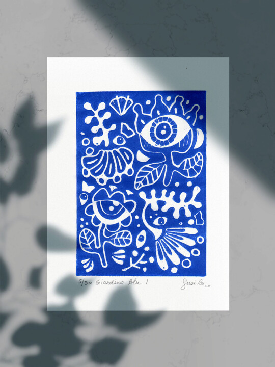 Printmaking titled "Giardino Blu I" by Susi Lee, Original Artwork, Linocuts