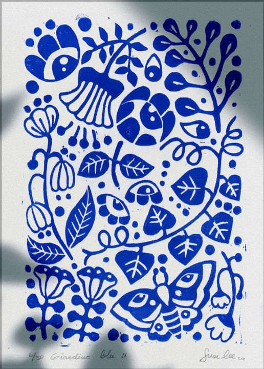 Prenten & gravures getiteld "Giardino Blu II" door Susi Lee, Origineel Kunstwerk, Linosnede