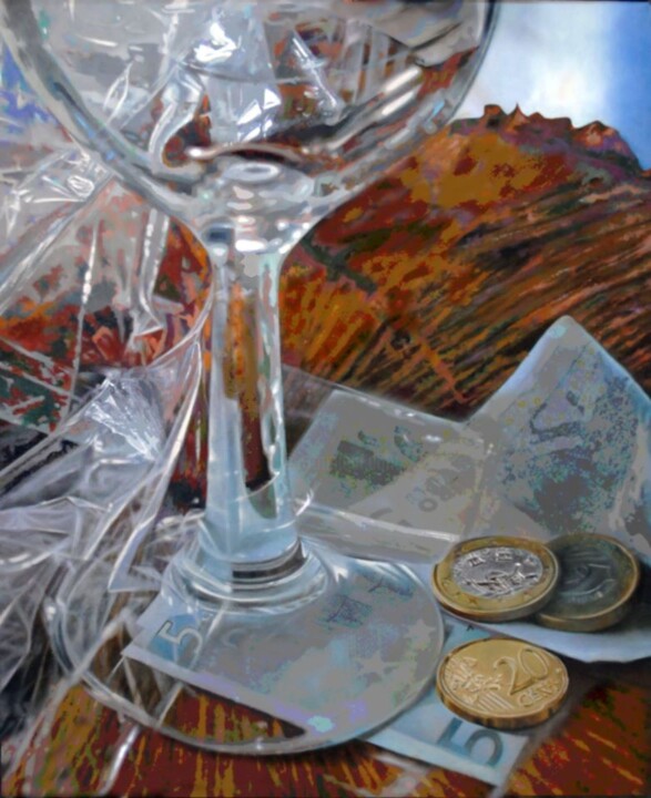Pintura titulada "copa y monedas" por Suso C. Ben, Obra de arte original, Oleo Montado en Bastidor de camilla de madera