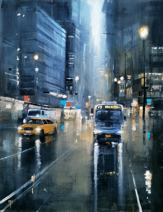 Painting titled "The Late Bus" by Alan Harris, Original Art, Acrylic