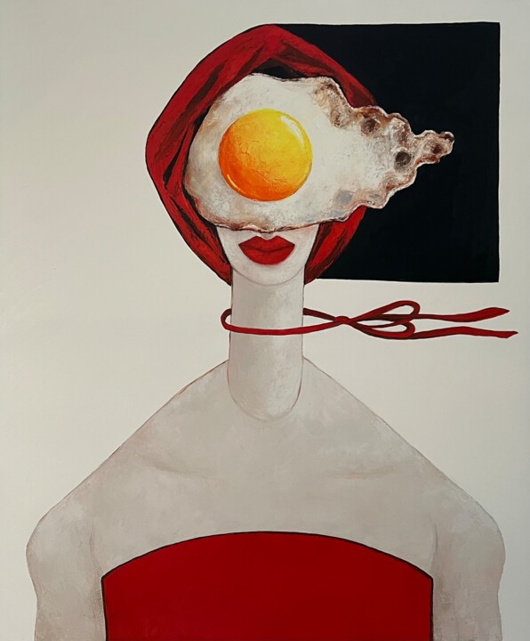 Картина под названием "Egg girl in red on…" - Ta Byrne, Подлинное произведение искусства, Масло