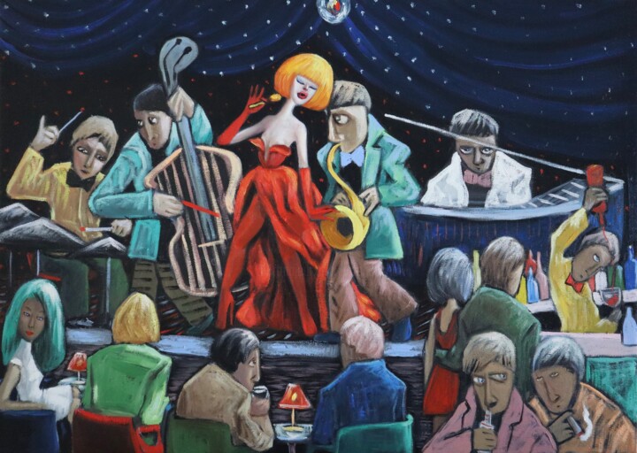 Pittura intitolato "A night of jazz" da Ta Byrne, Opera d'arte originale, Olio Montato su Telaio per barella in legno