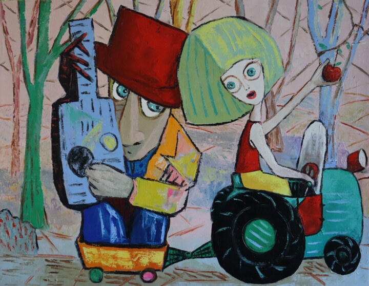 Pittura intitolato "Girl picking apples…" da Ta Byrne, Opera d'arte originale, Olio