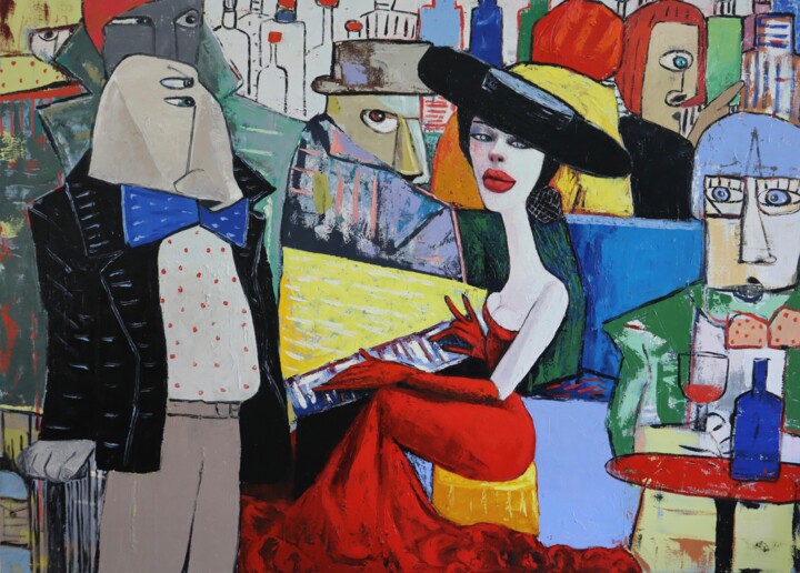 Pittura intitolato "Lady in red playing…" da Ta Byrne, Opera d'arte originale, Olio