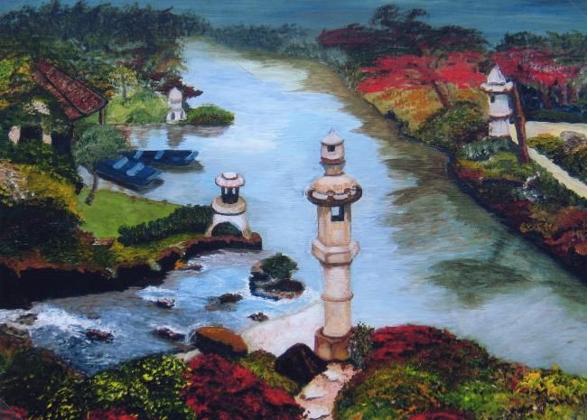 Painting titled "jardin japonnais" by Suzanne Leseve, Original Artwork