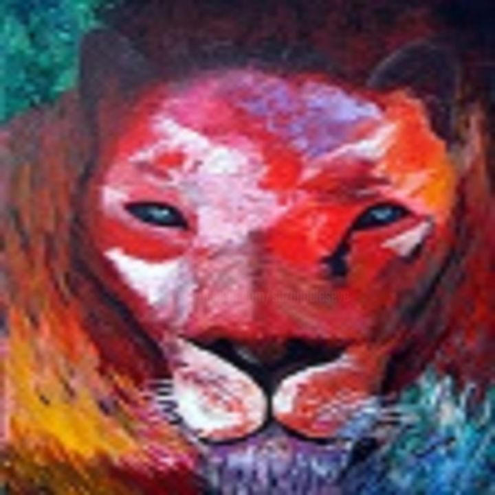 Painting titled "98 LION MULTICOLORE" by Suzanne Leseve, Original Artwork, Acrylic