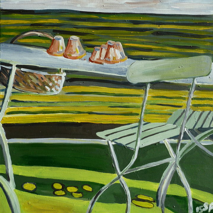 Malerei mit dem Titel "Gartentisch in der…" von Suzanne Piesk, Original-Kunstwerk, Acryl