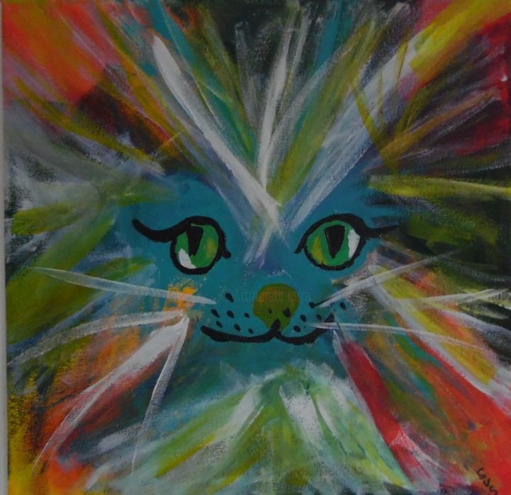Painting titled "Katzen Gesicht Bunt" by Suzanne Von Schledorn, Original Artwork, Acrylic