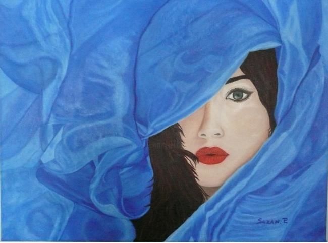 Painting titled "La dame en bleu" by Suzanne Plante, Original Artwork, Oil