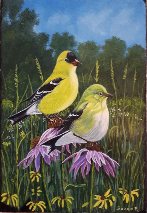 Painting titled "Les chardonnerets" by Suzanne Plante, Original Artwork, Oil