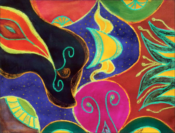 Painting titled "croissant-lune-flor…" by Suzel Chaigneau, Original Artwork