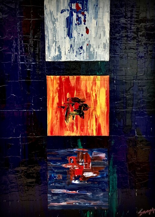 Картина под названием "Squares on Blue" - Suzy Martin, Подлинное произведение искусства, Акрил