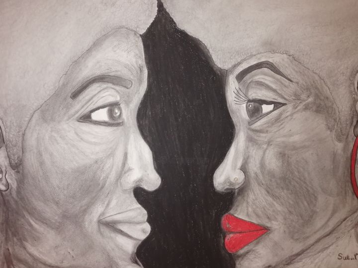 Drawing titled ""Face à Face"" by Sue Nya, Original Artwork, Pencil