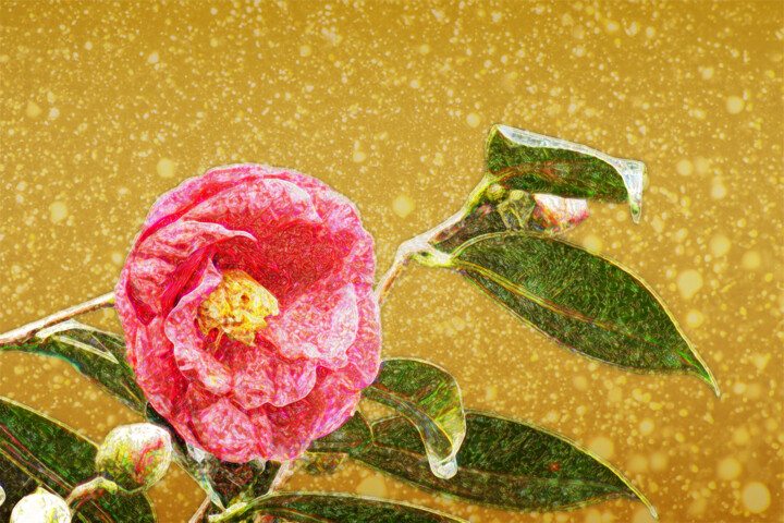 Digital Arts titled "Red camellia gold l…" by Svalvald Photo, Original Artwork, Digital Painting