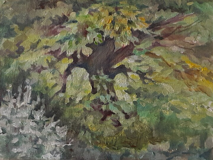 Pintura titulada ""Дерево из окна "" por Mila Hilgendorff, Obra de arte original, Acrílico
