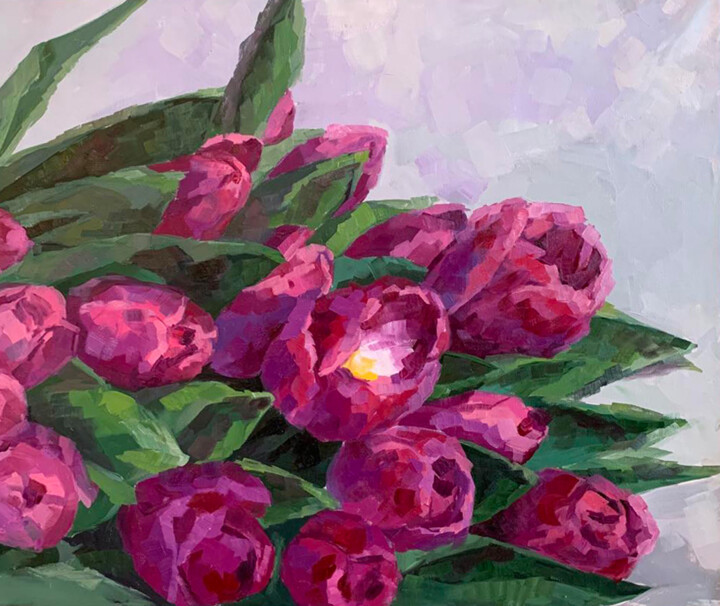 Painting titled "Purple tulips" by Sveta Gush, Original Artwork, Oil Mounted on Wood Stretcher frame