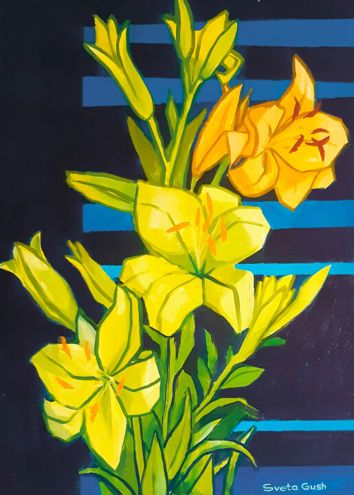 Painting titled "graceful lilies" by Sveta Gush, Original Artwork, Oil Mounted on Wood Stretcher frame