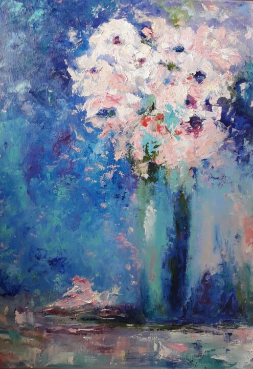 Schilderij getiteld "Flowers in a blue v…" door Sveta Shulginova, Origineel Kunstwerk, Olie