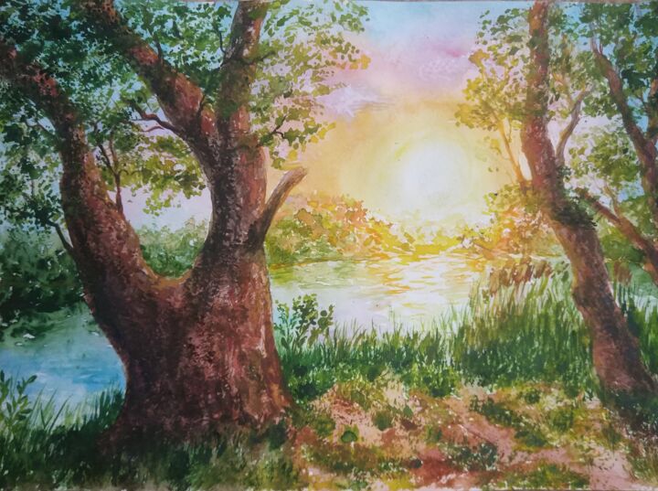 Картина под названием "закатное солнце" - Светлана Светличная, Подлинное произведение искусства, Акварель