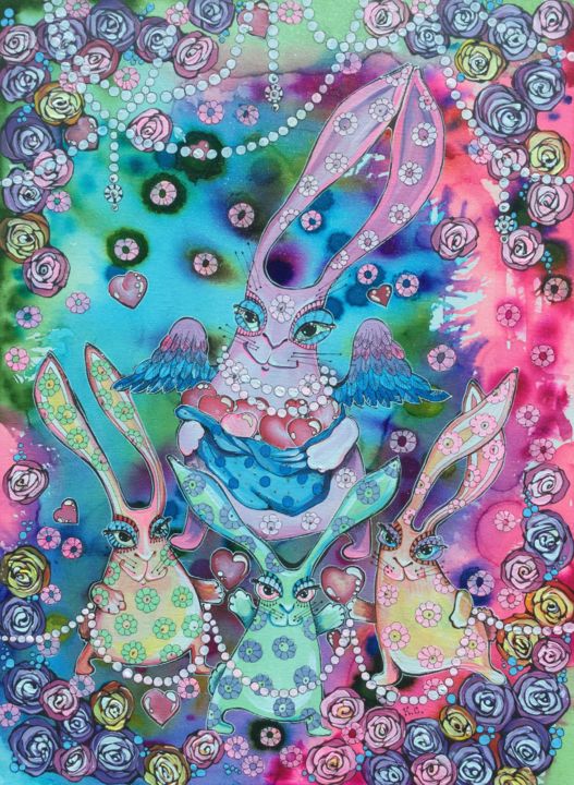 Картина под названием "valentine day bunnys" - Svetlana Ganiuchenko, Подлинное произведение искусства, Акрил
