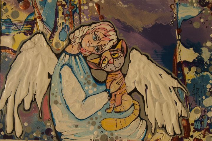 Painting titled "Angel with cat" by Svetlana Ganiuchenko, Original Artwork, Acrylic
