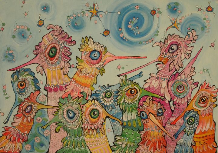 Peinture intitulée "Funny Birds" par Svetlana Ganiuchenko, Œuvre d'art originale, Acrylique