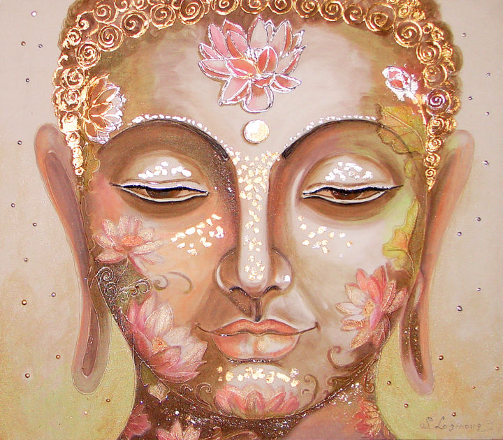 Painting titled "Oil Head Buddha Pai…" by Svetlana Loginova, Original Artwork, Oil Mounted on Wood Stretcher frame