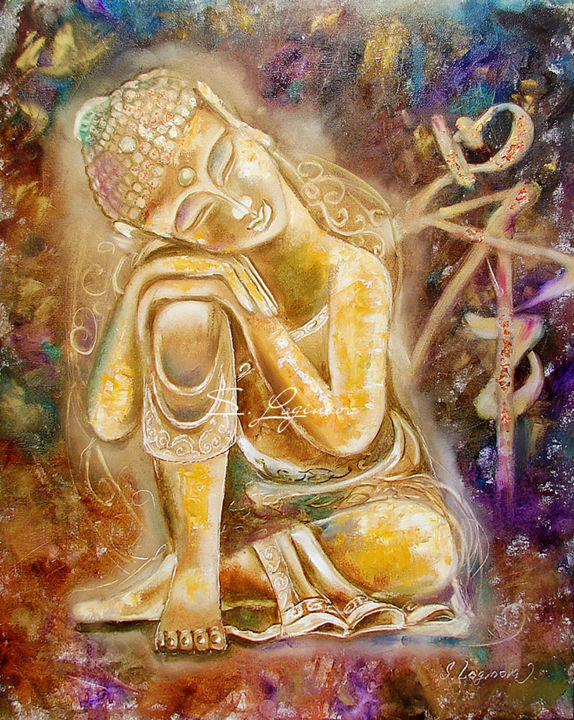 Painting titled "Gold Oil Buddha Pai…" by Svetlana Loginova, Original Artwork, Oil Mounted on Wood Stretcher frame
