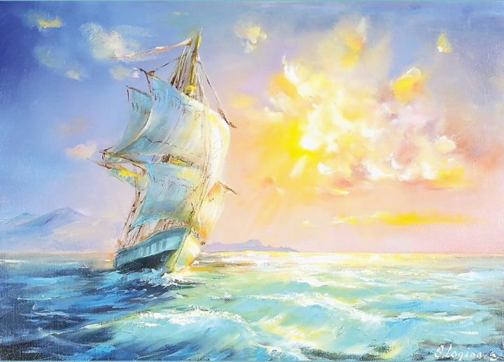 Peinture intitulée "Sailboat Oil Painti…" par Svetlana Loginova, Œuvre d'art originale, Huile Monté sur Châssis en bois