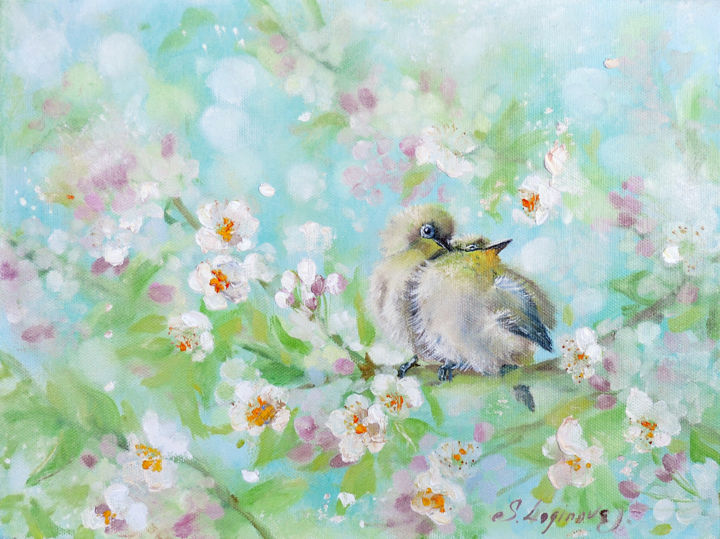 Картина под названием "Bird painting, livi…" - Svetlana Loginova, Подлинное произведение искусства, Масло Установлен на Дере…