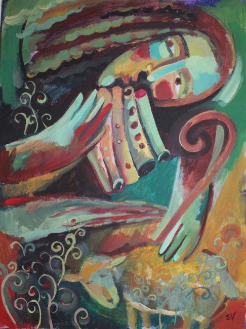 Painting titled "Пастух и флейта" by Svetlana Volosiuk, Original Artwork, Oil