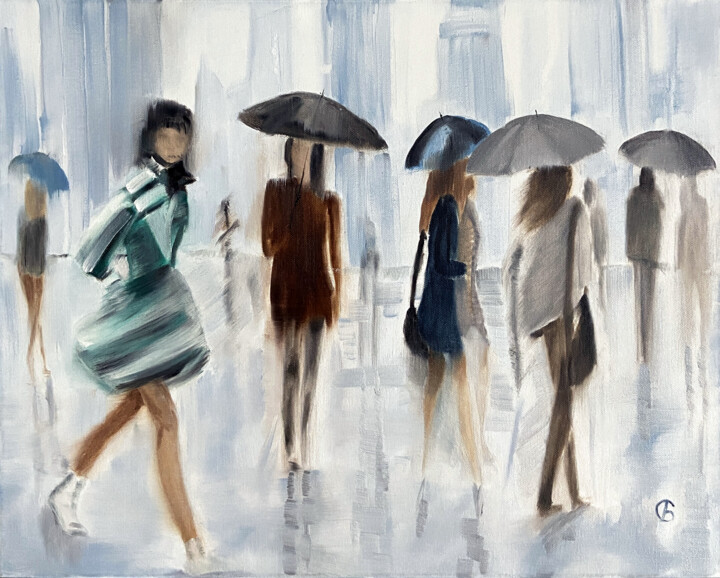 Painting titled "Enjoying the Rain." by Svetlana Bagdasaryan, Original Artwork, Oil Mounted on Wood Stretcher frame