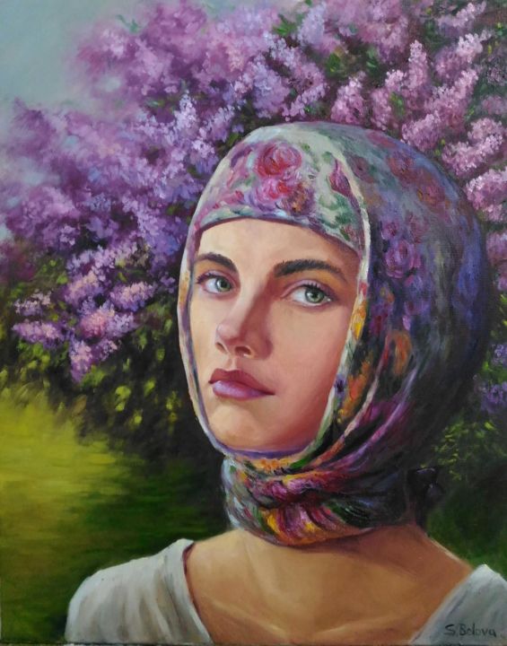 Painting titled "Aksinya and Lilac" by Svetlana M. Belova, Original Artwork, Oil