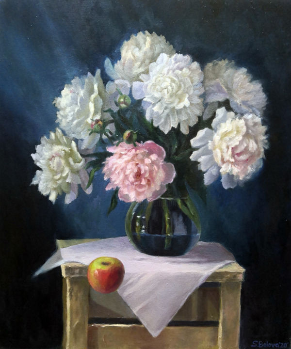 Painting titled "Peonies and an appl…" by Svetlana M. Belova, Original Artwork, Oil
