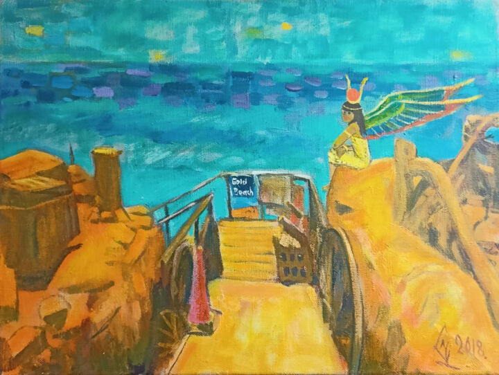 Painting titled "Gold beach" by Svetlana Chunikhina, Original Artwork, Oil Mounted on Wood Stretcher frame