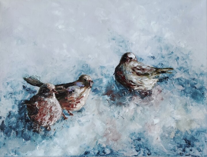 Painting titled "sparrows" by Svetlana Dushina, Original Artwork, Oil