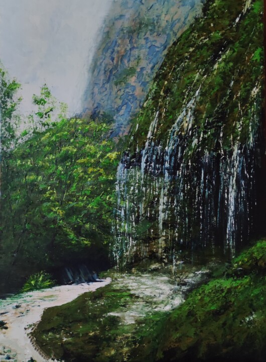 Painting titled "Forest waterfall" by Svetlana Dushina, Original Artwork, Oil