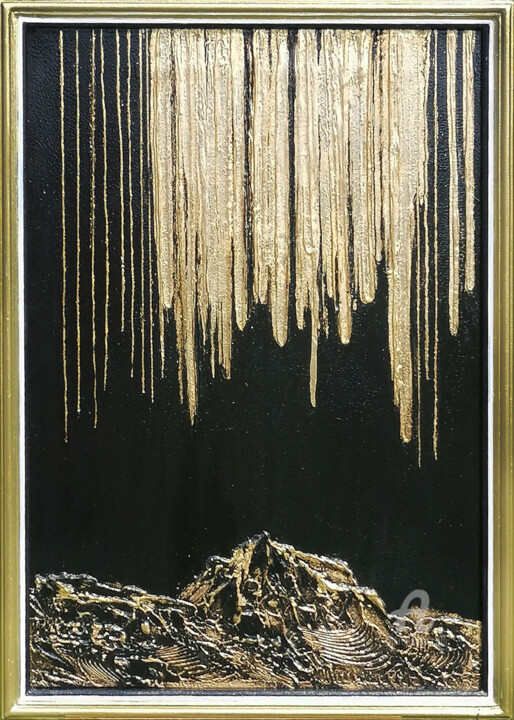 Painting titled "Golden rainfall" by Svetlana Fakhrieva, Original Artwork, Acrylic Mounted on Cardboard