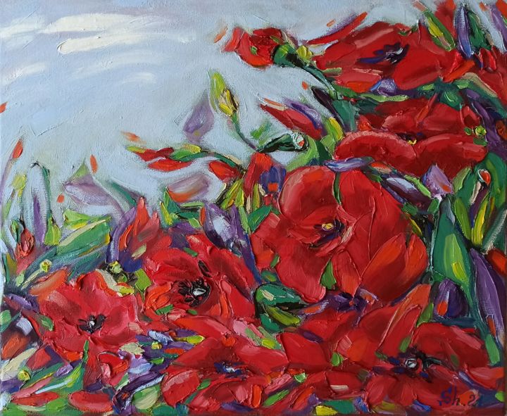 Painting titled "Oil painting "Poppi…" by Svetlana Sindere, Original Art, Oil Mounted on Stretcher frame