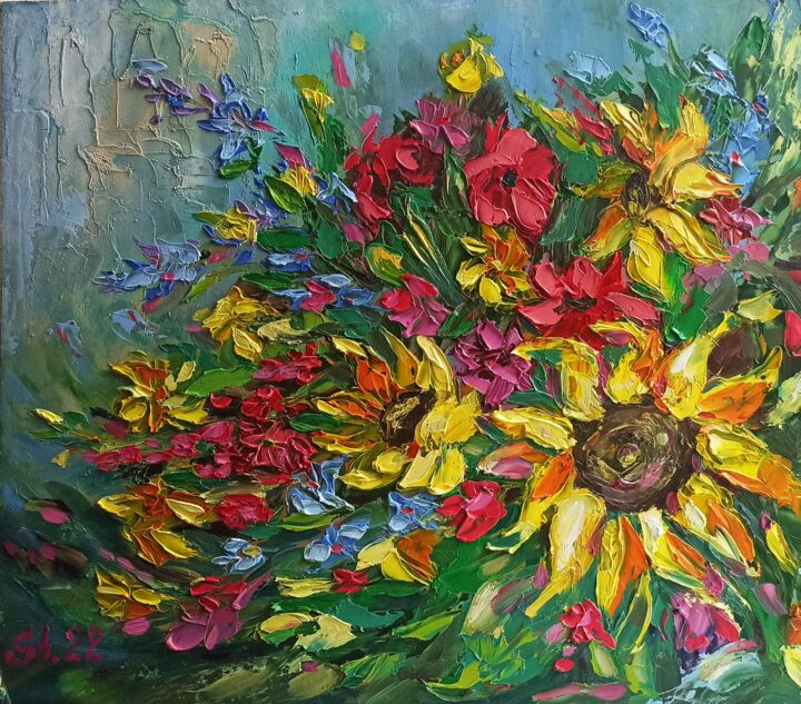 Peinture intitulée "Tuscany Sunflowers…" par Svetlana Sindere, Œuvre d'art originale, Huile Monté sur Carton