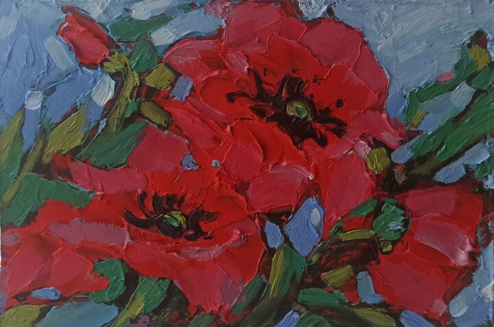 Painting titled "Poppies Painting Fl…" by Svetlana Sindere, Original Artwork, Oil Mounted on Cardboard