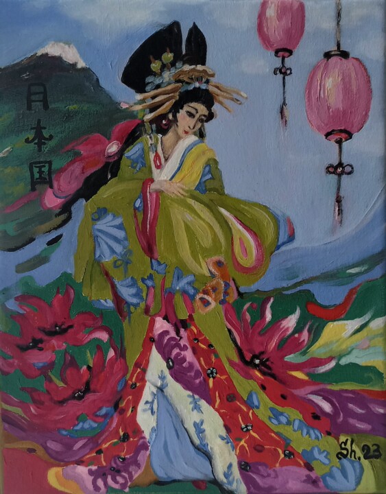 Картина под названием "Japan Painting Woma…" - Svetlana Sindere, Подлинное произведение искусства, Масло Установлен на Дерев…