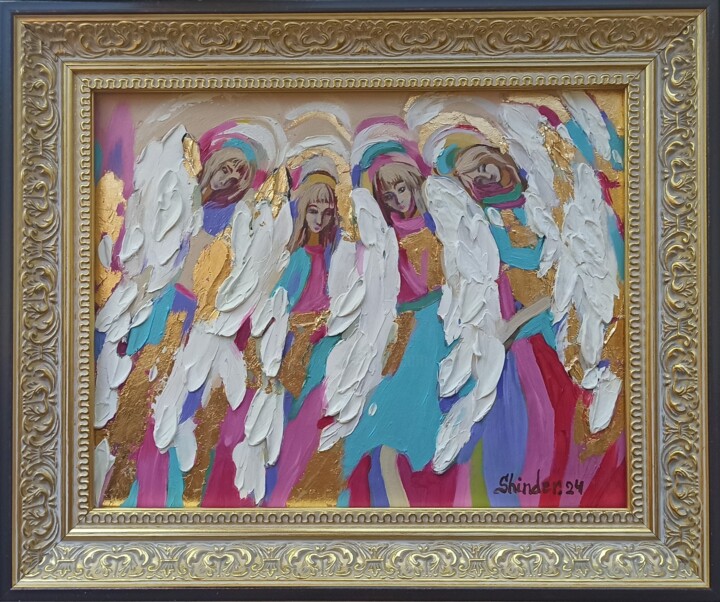 Painting titled "Angels Painting Аng…" by Svetlana Sindere, Original Artwork, Oil Mounted on Cardboard