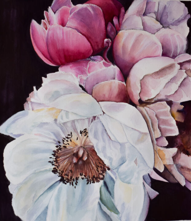 Pittura intitolato "Flowers on black" da Svetlana Generalova, Opera d'arte originale, Acquarello